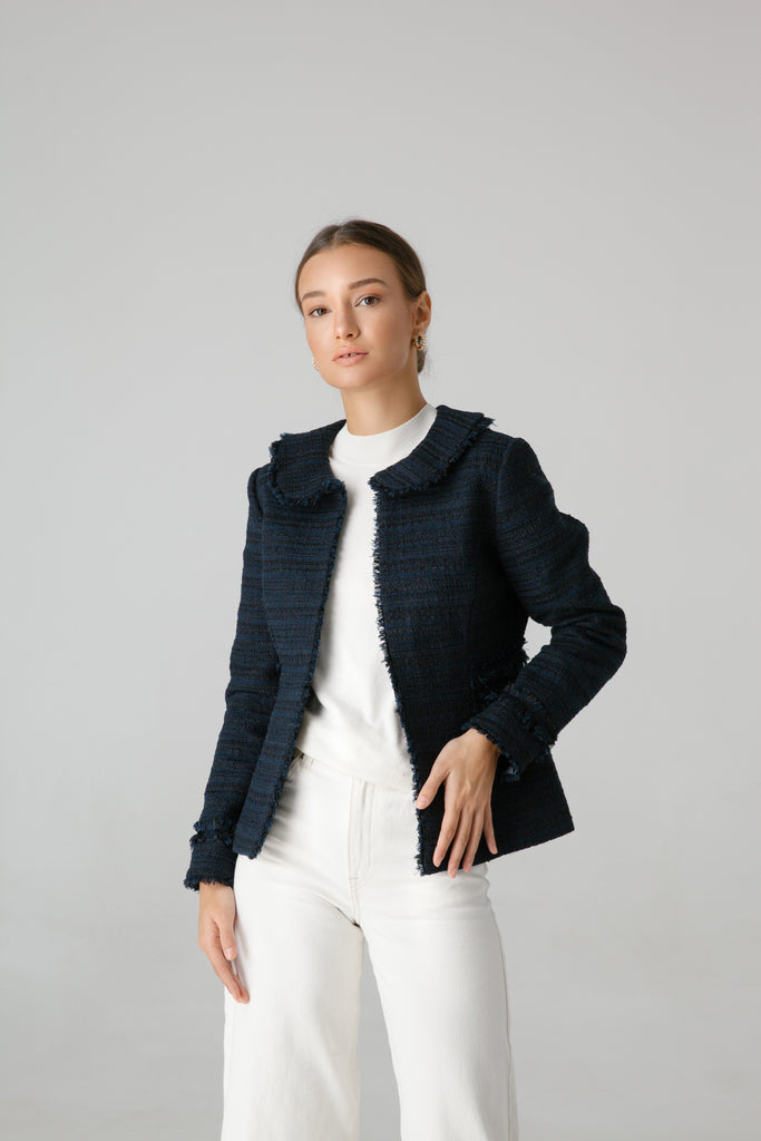 midnight blue wool silk fabric end of roll tweed boucle jacket blazer casual formal smartwear businesswear frays fraying oversized tailored