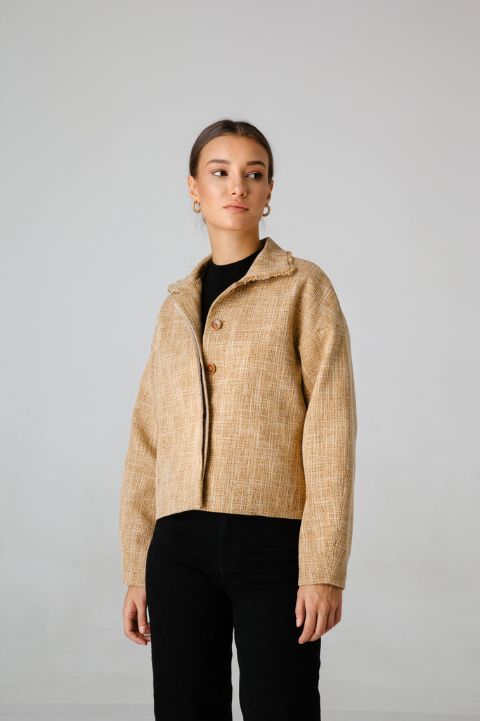 gold beige wool fabric end of roll tweed boucle jacket casual formal smartwear businesswear 